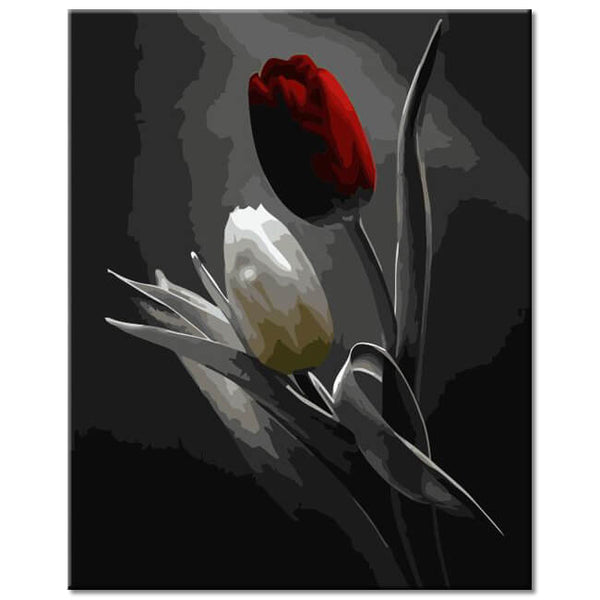 Malen nach Zahlen Rote und weiße Tulpe Schwarzweiss