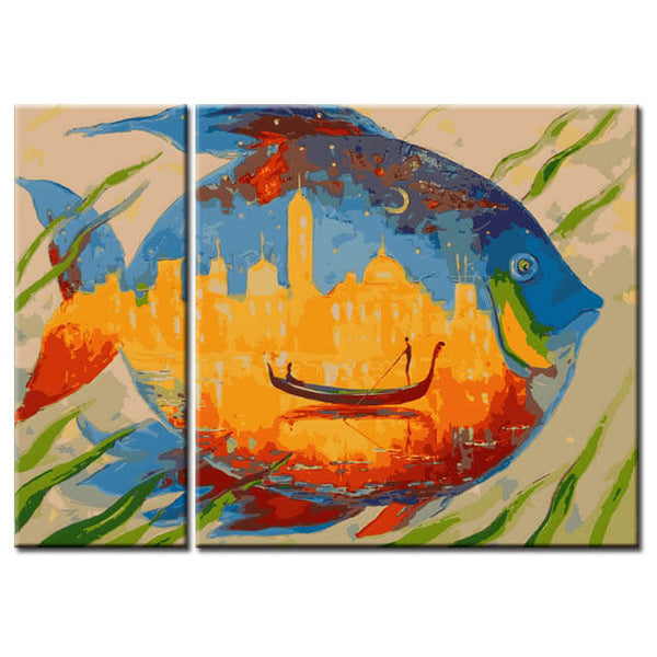 Malen nach Zahlen Kunst Tier  Bunter Fisch mit orientalischer Stadt im Bauch 2-teilig