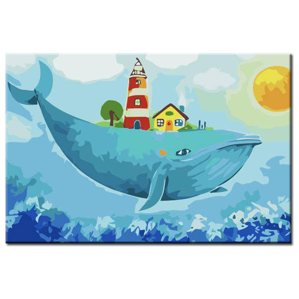 Malen nach Zahlen Kunst Tier Wal mit Leuchtturm Haus und Baum auf dem Rücken