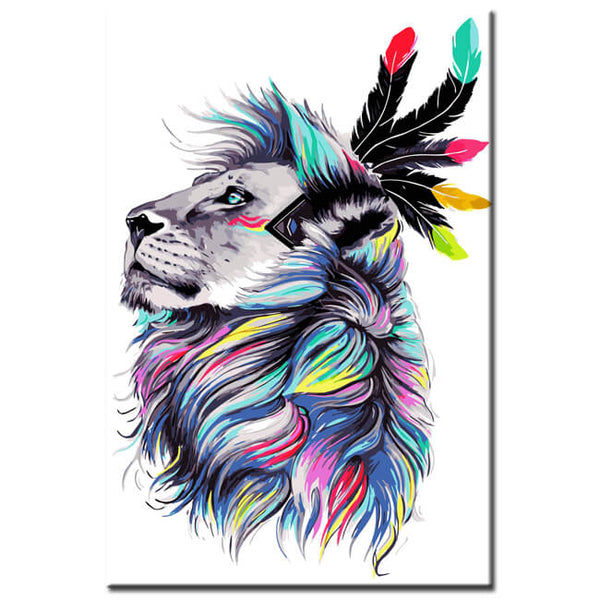 Malen nach Zahlen Kunst Tier Löwe mit bunter Mähne und Federn auf dem Kopf