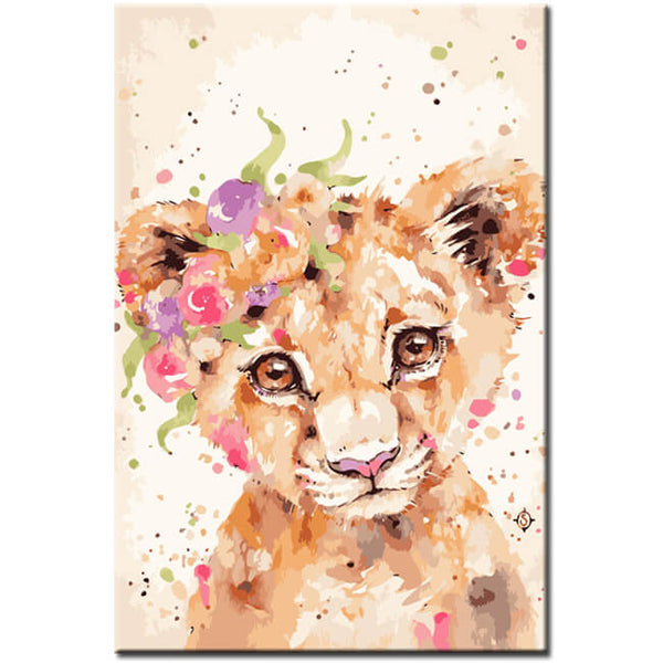Malen nach Zahlen Kunst Tier Baby Löwe mit Blumen auf dem Kopf