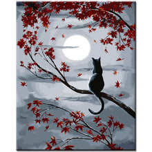 Laden Sie das Bild in den Galerie-Viewer, Malen nach Zahlen Kunst Tier Katze sitzt auf einem Ast mit roten Blättern