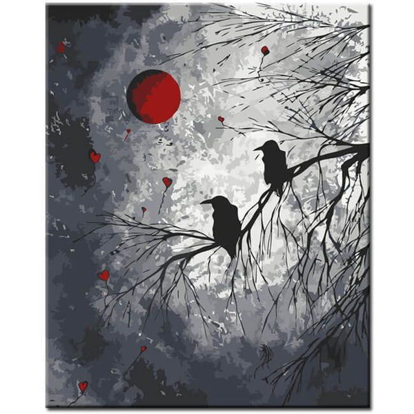 Malen nach Zahlen Kunst Tier Zwei Raben sitzen auf Ast und gucken zum Roten Mond