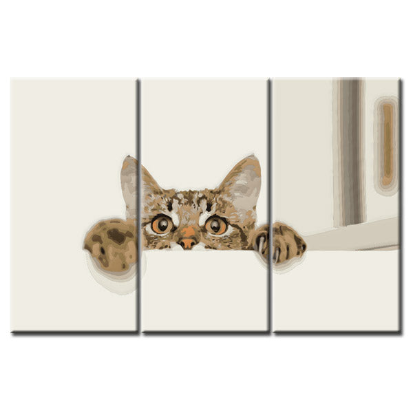 Malen nach Zahlen Kunst Tier Katze hängt mit ihren Pfoten an einer Mauer und guckt 3-teilig
