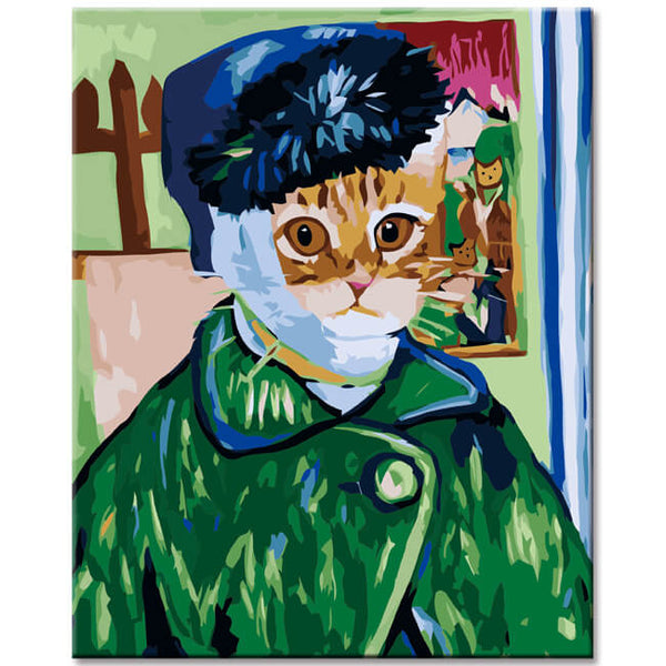 Malen nach Zahlen Katze in Uniform Grüner Mantel Blaue Mütze