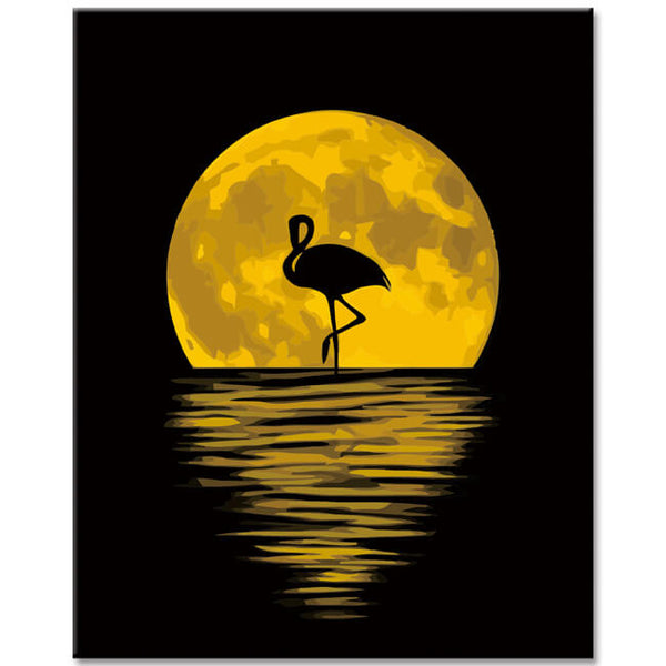 Malen nach Zahlen Kunst Tier Flamingo bei Nacht vor Vollmond