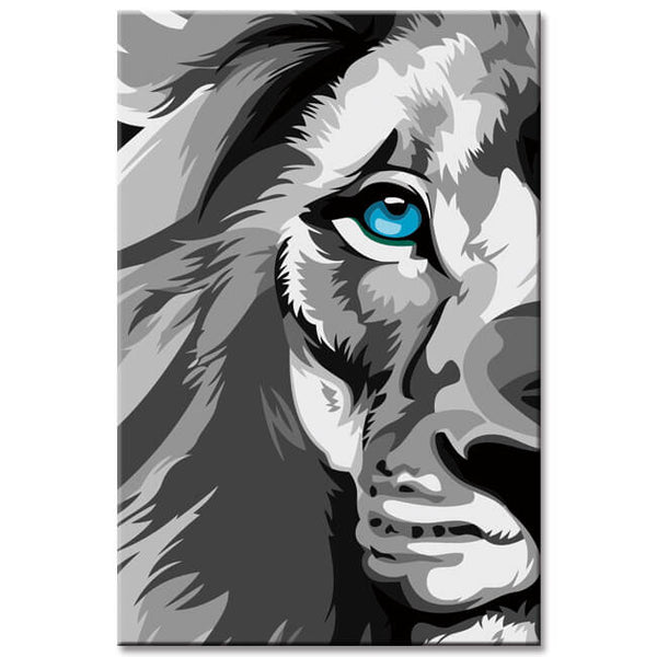 Malen nach Zahlen Löwe schwarz-weiss mit blauen Augen