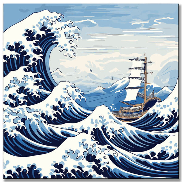 Die große Welle mit Segelschiff Malen nach Zahlen