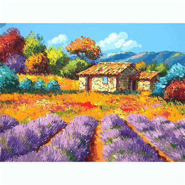 Malen nach Zahlen Blumen Lavendelfeld mit Haus