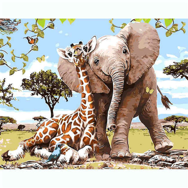 Malen nach zahlen tiere verliebter elefant und giraffe