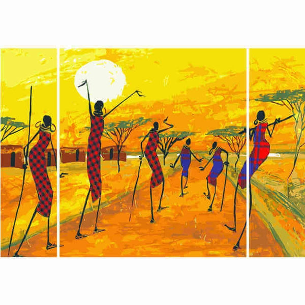 Malen nach Zahlen Afrika Dorf in Steppe - 3-teilig (Triptychon)