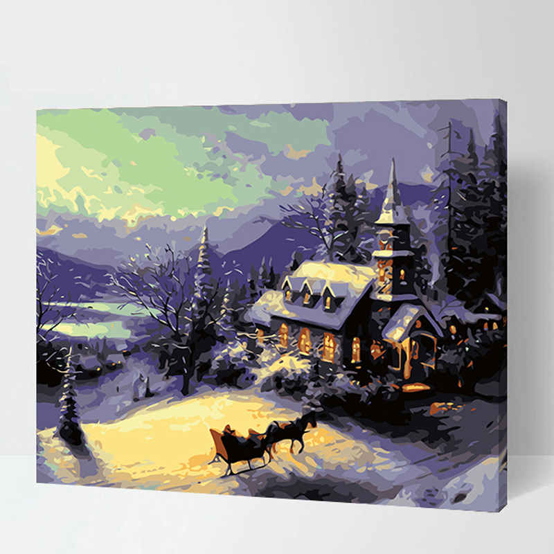 ABEUTY Malen Nach Zahlen Für Erwachsene – 'Kirche Schnee Schneemann Mädchen' 40,6 X 50,8 Cm