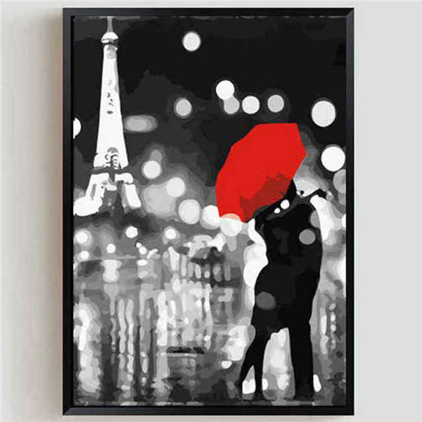 Malen nach Zahlen Paris Paar roter Regenschirm