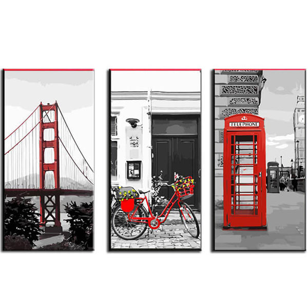 Malen nach Zahlen San Francisco Brücke-Telefonzelle London-Fahrrad rot