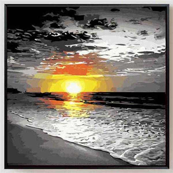 Malen nach Zahlen Sonnenuntergang Strand schwarz weiss